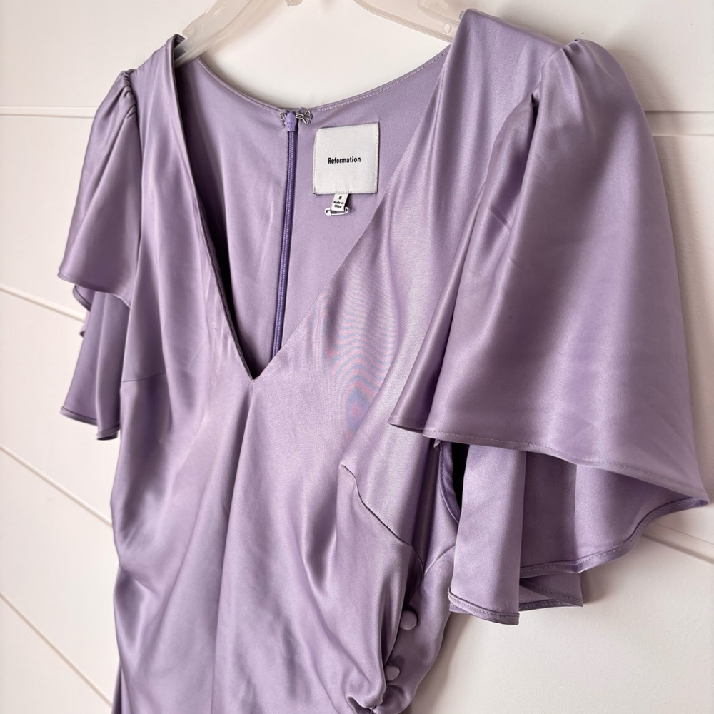 REFORMATION Vida ruffle-sleeve Satin Maxi Dress Lavender Women's Size 6 - Picture 4 of 17